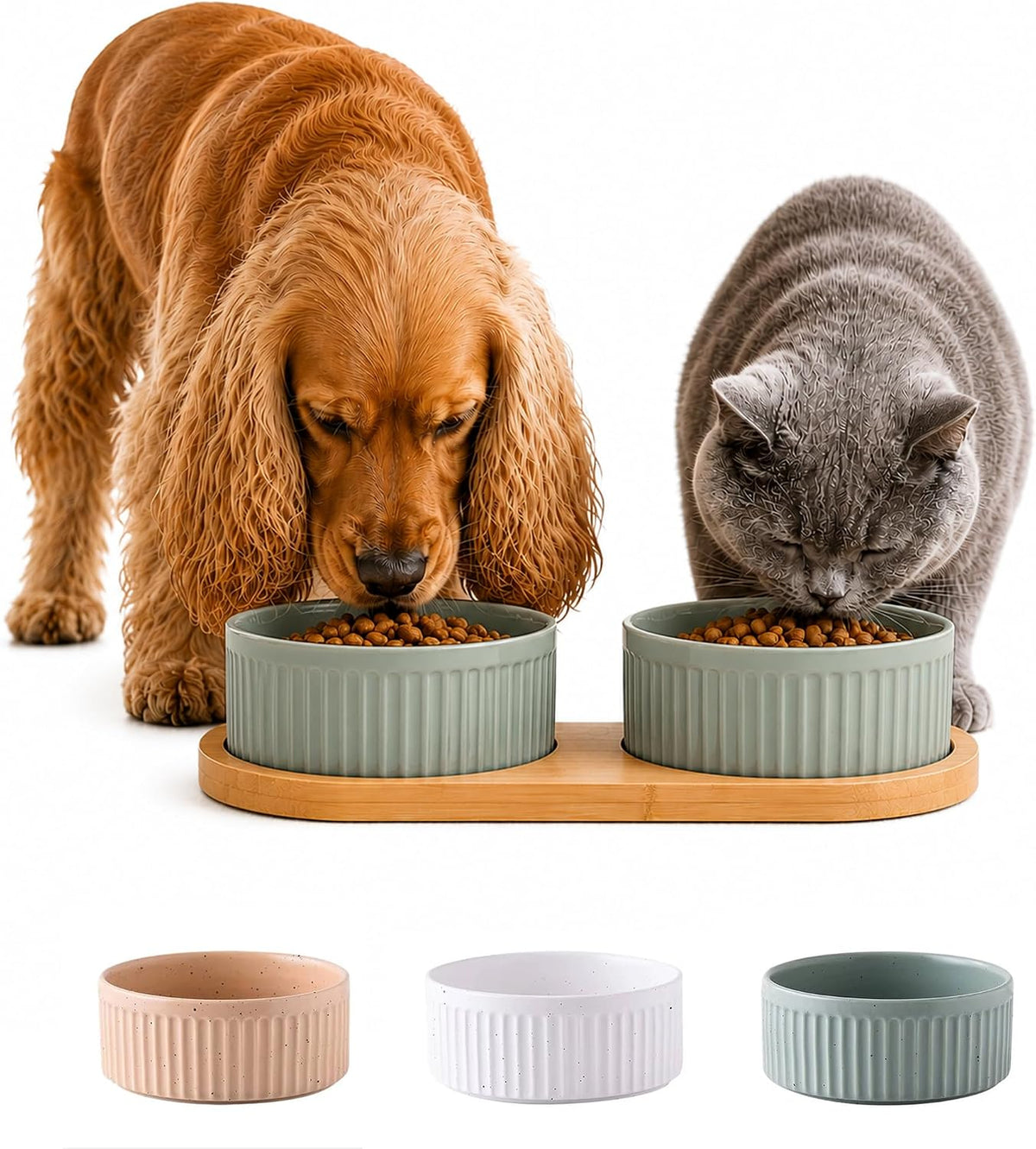 Ceramic Pet Bowl with Non-Slip Bamboo Base